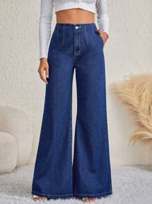 SHEIN Tall 鈕扣 口袋 拉鍊純色女士牛仔褲 - 深色水洗藍 - 查看 3