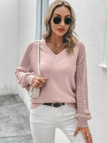 SHEIN LUNE Suéter de punto calado de manga raglán, tops de manga larga