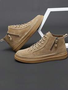 Nam Giày ống Tây Combat 
   Với Dây kéo bên Và Mặt trước Lace-up Thiết kế - màu nâu - Xem 1