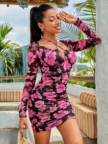 SHEIN VCAY In hoa Thánh giá Buộc lại Váy bodycon - Nhiều màu - Xem 4
