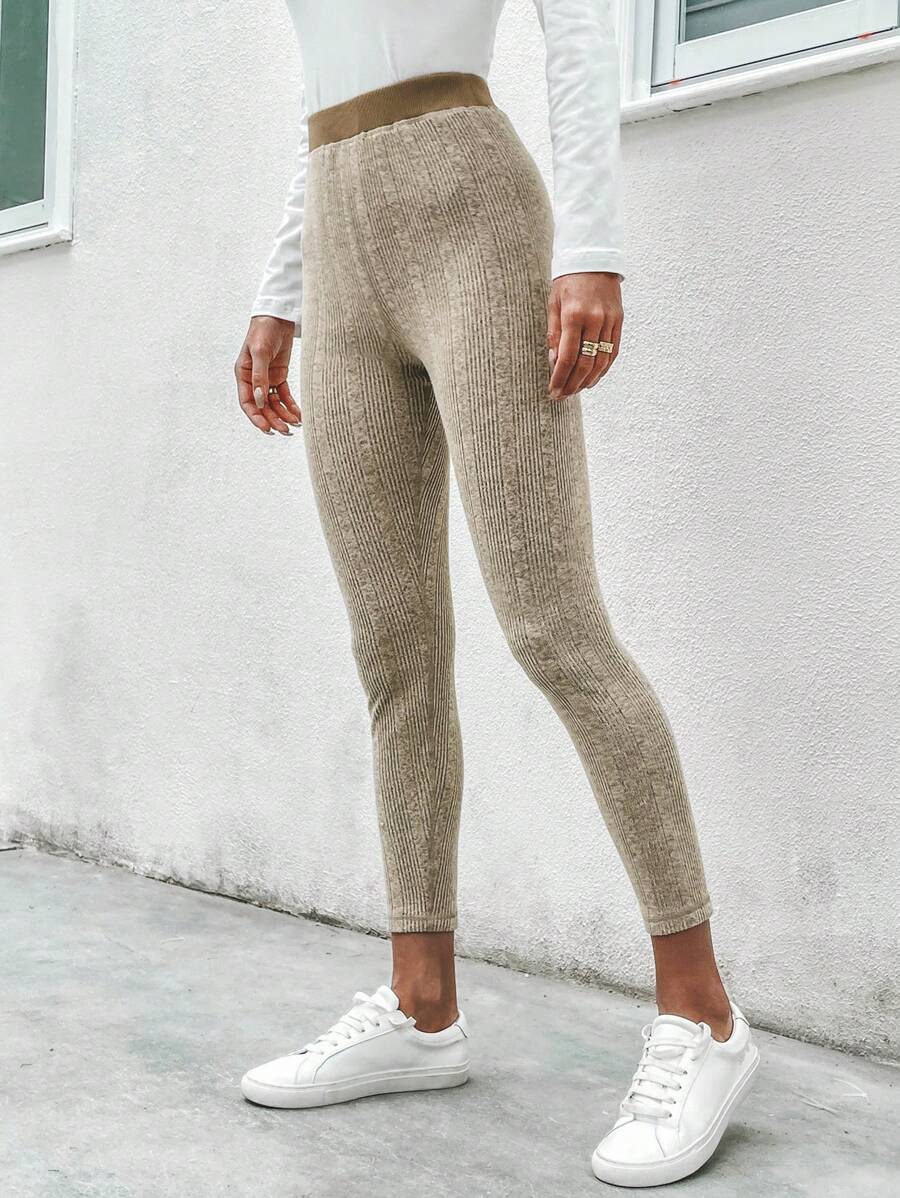 SHEIN LUNE Contrast Trim Marled Knit Leggings - Khaki - View 1