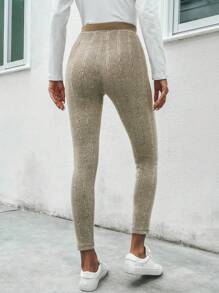 SHEIN LUNE Contrast Trim Marled Knit Leggings - Khaki - View 2