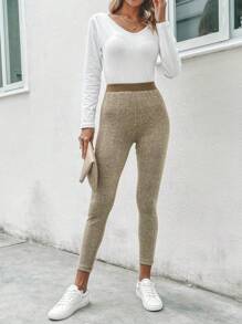 SHEIN LUNE Contrast Trim Marled Knit Leggings - Khaki - View 3
