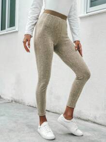 SHEIN LUNE Contrast Trim Marled Knit Leggings - Khaki - View 4