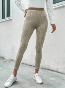 SHEIN LUNE Contrast Trim Marled Knit Leggings - Khaki - View 5