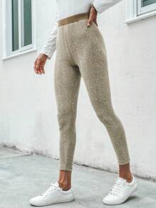 SHEIN LUNE Contrast Trim Marled Knit Leggings - Khaki - View 6