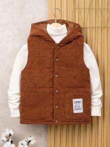 SHEIN Tween Boy 1pc Slogan Patched Hooded Puff Coat - Brown - View 3