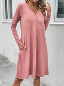 SHEIN LUNE Solid Button Detail Hidden Pocket Tee Dress