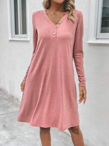 SHEIN LUNE Solid Button Detail Hidden Pocket Tee Dress