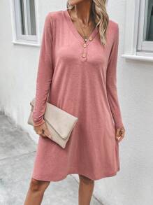 SHEIN LUNE Solid Button Detail Hidden Pocket Tee Dress