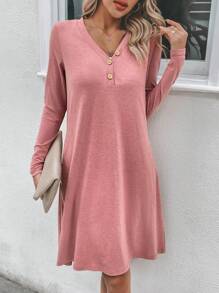 SHEIN LUNE Solid Button Detail Hidden Pocket Tee Dress