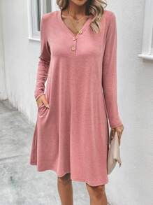 SHEIN LUNE Solid Button Detail Hidden Pocket Tee Dress