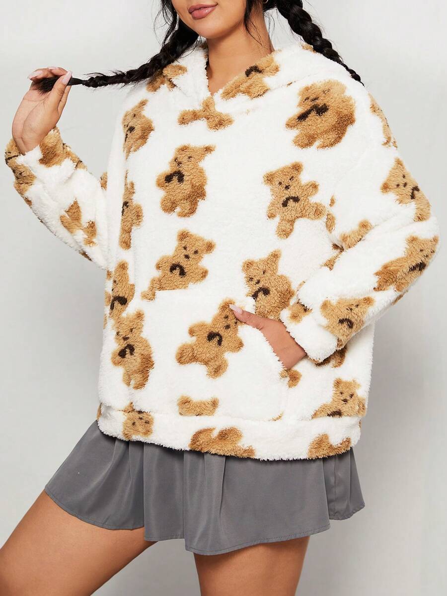SHEIN EZwear 加大码熊印花袋鼠口袋落肩泰迪卫衣 - 白色 - 查看 1