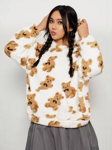 SHEIN EZwear 加大码熊印花袋鼠口袋落肩泰迪卫衣 - 白色 - 查看 3