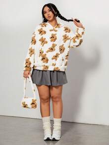 SHEIN EZwear 加大码熊印花袋鼠口袋落肩泰迪卫衣 - 白色 - 查看 4
