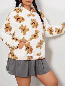 SHEIN EZwear 加大码熊印花袋鼠口袋落肩泰迪卫衣 - 白色 - 查看 5