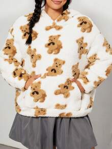 SHEIN EZwear 加大码熊印花袋鼠口袋落肩泰迪卫衣 - 白色 - 查看 6