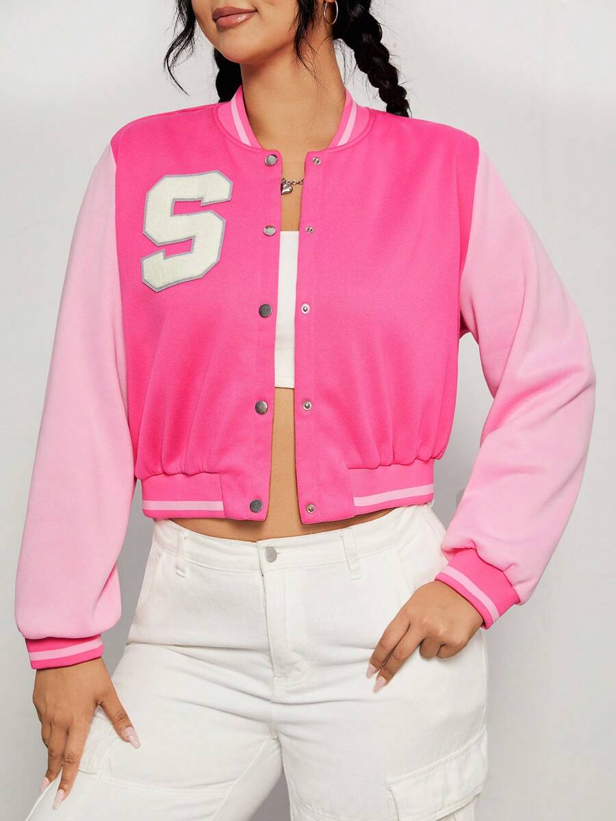SHEIN EZwear Hơn Thư được vá Sọc trang trí Khối màu Mùa vụ Áo khoác Đại học - Hồng - Xem 1
