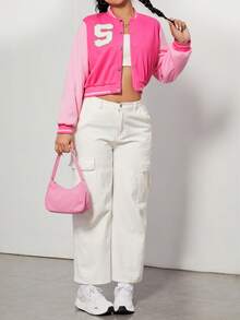 SHEIN EZwear Hơn Thư được vá Sọc trang trí Khối màu Mùa vụ Áo khoác Đại học - Hồng - Xem 3