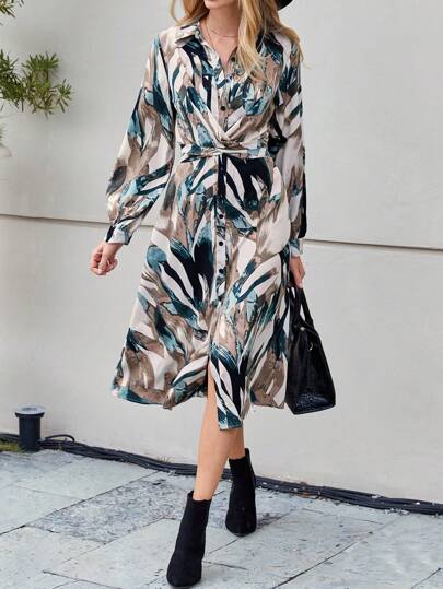 SHEIN Clasi 滿版印花腰帶襯衫洋裝