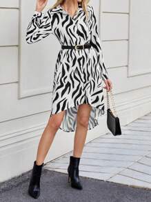 SHEIN Clasi 斑馬紋高低下擺襯衫洋裝不附腰帶 - 黑與白 - 查看 1