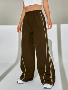 SHEIN EZwear 拼接滾邊闊腿褲 - 巧克力棕 - 查看 1