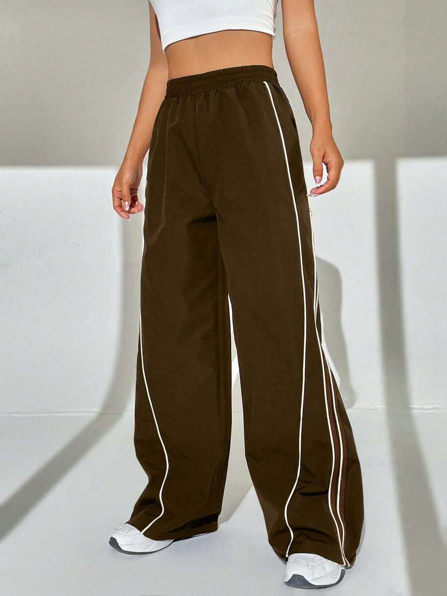 SHEIN EZwear 拼接滾邊闊腿褲 - 巧克力棕 - 查看 1