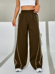 SHEIN EZwear 拼接滾邊闊腿褲 - 巧克力棕 - 查看 4