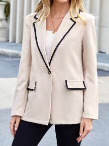 SHEIN Privé Contrast Binding Single Button Blazer - Apricot - View 3