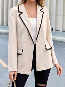 SHEIN Privé Contrast Binding Single Button Blazer - Apricot - View 4