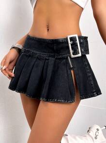 SHEIN ICON Chi tiết nút buộc Viền xếp Váy Denim - màu đen - Xem 1
