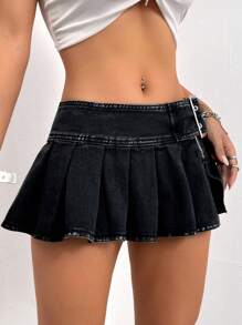 SHEIN ICON Chi tiết nút buộc Viền xếp Váy Denim - màu đen - Xem 4