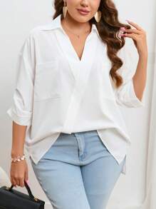 SHEIN Essnce Plus Patched Pocket Roll Tab Sleeve Blouse - White - View 1