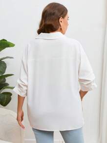 SHEIN Essnce Plus Patched Pocket Roll Tab Sleeve Blouse - White - View 2