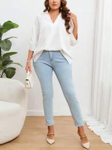 SHEIN Essnce Plus Patched Pocket Roll Tab Sleeve Blouse - White - View 3