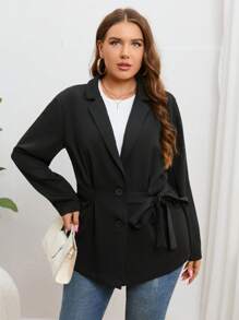 SHEIN Essnce 大碼西裝領側繫帶西裝外套 - 黑色 - 查看 3