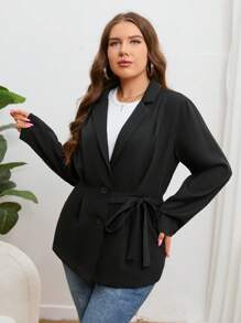 SHEIN Essnce 大碼西裝領側繫帶西裝外套 - 黑色 - 查看 1