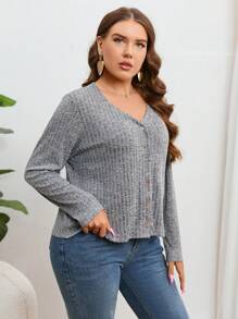 SHEIN Essnce Talla grande Cazadora con botón delantero tejido de canalé - Gris - Ver 3
