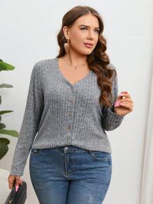 SHEIN Essnce Talla grande Cazadora con botón delantero tejido de canalé - Gris - Ver 4