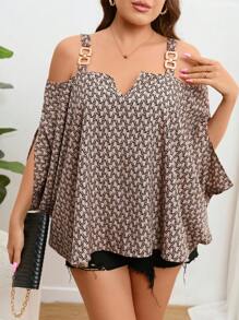 SHEIN Privé Plus Allover Print Cold Shoulder Blouse - Apricot - View 2