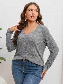 SHEIN Essnce Talla grande Cazadora con botón delantero tejido de canalé - Gris - Ver 5