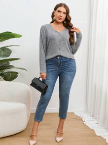 SHEIN Essnce Talla grande Cazadora con botón delantero tejido de canalé - Gris - Ver 6