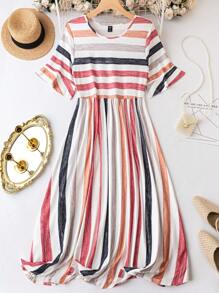 SHEIN LUNE 加大条纹印花连衣裙，女士夏季服装 - 彩色 - 查看 1