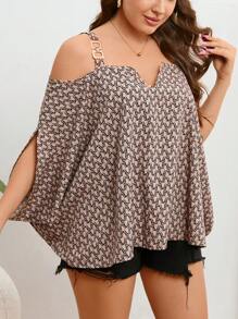 SHEIN Privé Plus Allover Print Cold Shoulder Blouse - Apricot - View 4