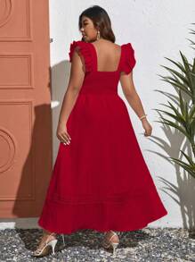 SHEIN VCAY Vestido de verano bohemio con paneles de encaje guipur y volantes - Rojo - Ver 2