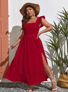 SHEIN VCAY Vestido de verano bohemio con paneles de encaje guipur y volantes - Rojo - Ver 3