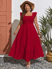 SHEIN VCAY Vestido de verano bohemio con paneles de encaje guipur y volantes - Rojo - Ver 4