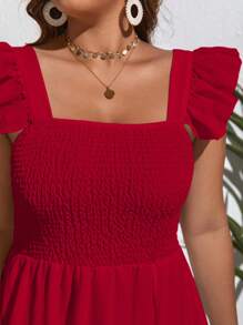 SHEIN VCAY Vestido de verano bohemio con paneles de encaje guipur y volantes - Rojo - Ver 6