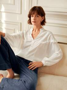 SHEIN Frenchy 褶邊燈籠袖襯衫 - 白色 - 查看 2