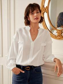 SHEIN Frenchy 褶邊燈籠袖襯衫 - 白色 - 查看 5